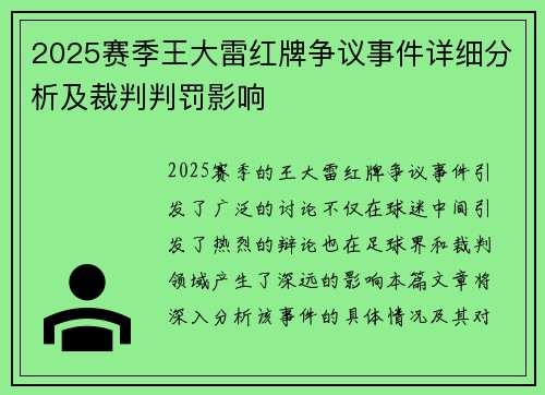 2025赛季王大雷红牌争议事件详细分析及裁判判罚影响