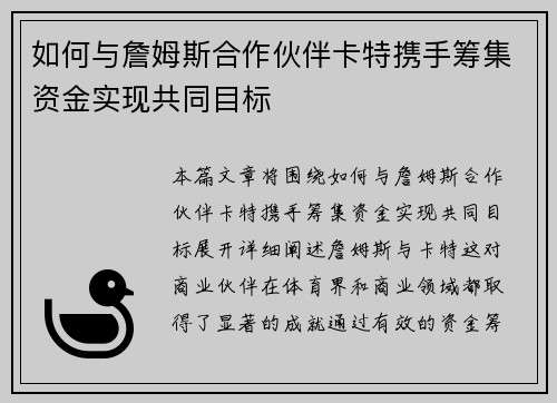 如何与詹姆斯合作伙伴卡特携手筹集资金实现共同目标